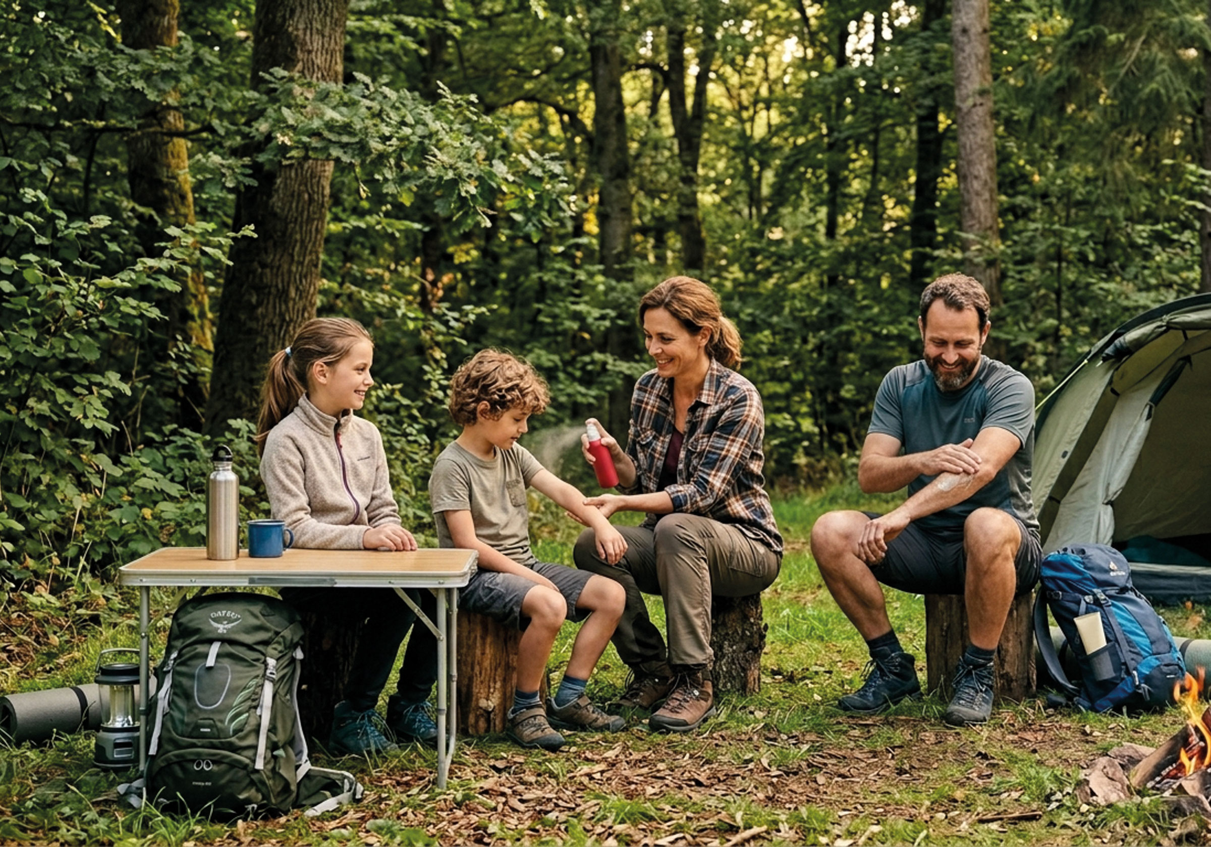 Zwei Erwachsene und zwei Kinder sitzen im Wald am Tisch nahe Zelt